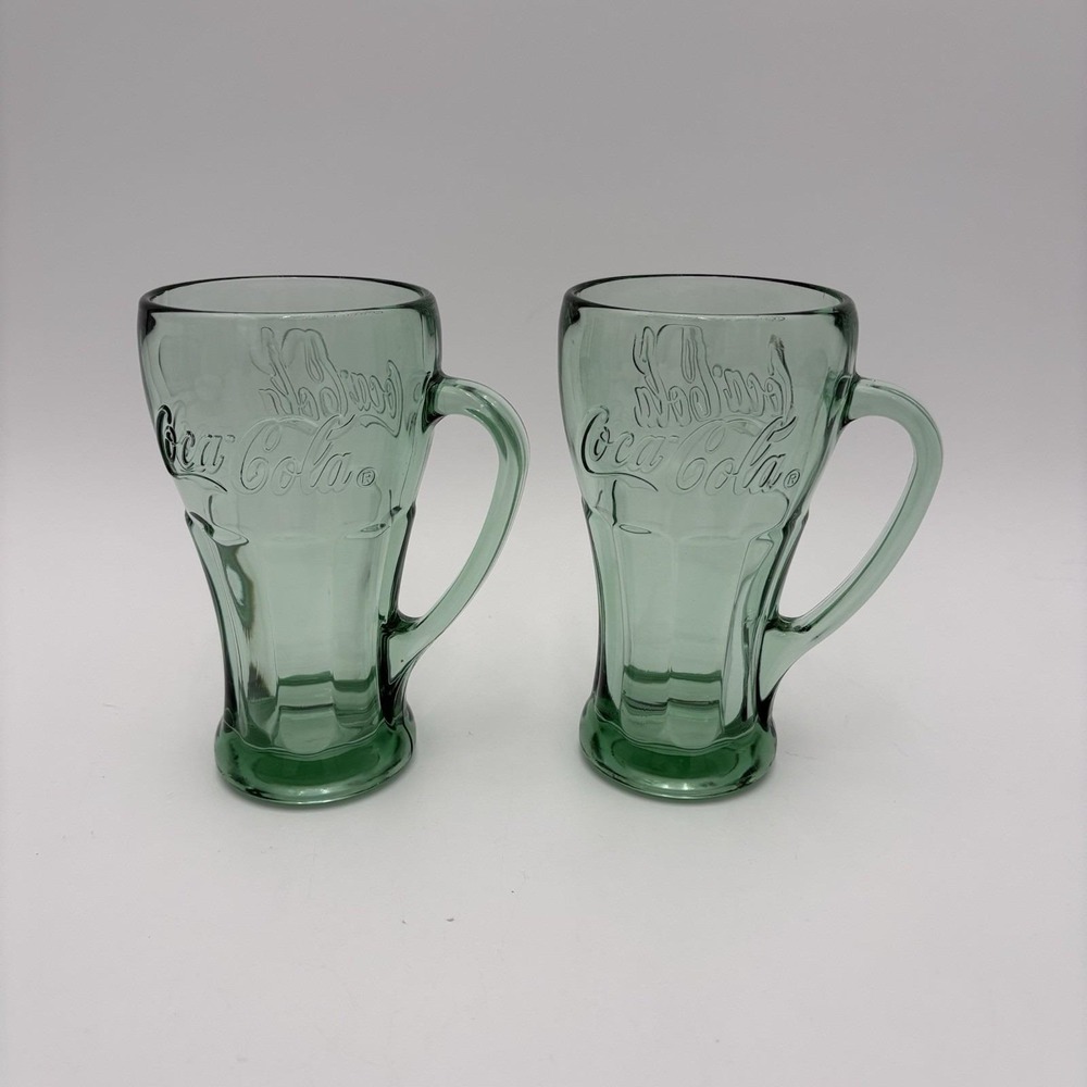 Set Of 2 Green Coca Cola Glass Mugs With Handles by Libbey‎ Glass Co 14 oz 1970s